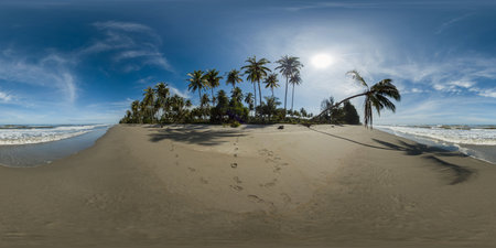 Sandy beach with palm trees and ocean surf with waves. Sumatra, Indonesia. 360 panorama VR.の写真素材