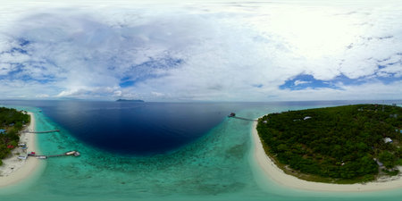 Aerial view of Island with beautiful beach. Malaysia. Pompom Islet. 360 panorama VR.