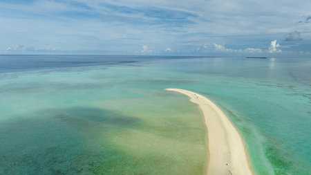 Aerial view of sandy beach with crystal clear water in the tropics. Timba Timba islet. Tun Sakaran Marine Park. Borneo, Sabah, Malaysia.の写真素材