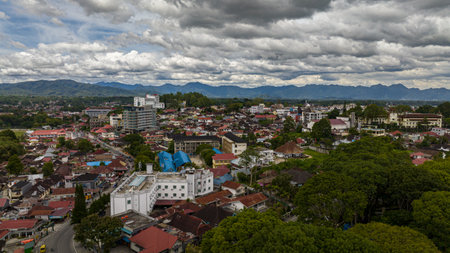 Aerial drone of Bukittinggi is a densely built city, a popular tourist spot. Sumatra. Indonesia.の写真素材