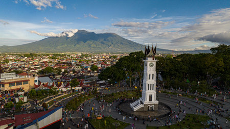 Top view of downtown Bukitingi city and clock tower Jam Gadang. Sumatra. Indonesia.の写真素材