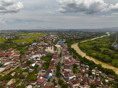 Aerial drone of Banda Aceh city with residential areas and houses. Sumatra, Indonesia.の写真素材