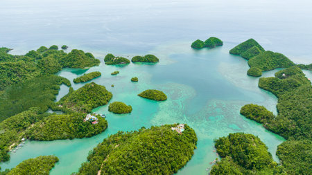 Aerial view of islands in the turquoise water of the lagoon. Seascape in the tropics. Sipalay, Negros, Philippines.の写真素材