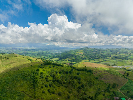 Aerial view of rice plantations and farmland of farmers in a mountain valley. Negros, Philippinesの写真素材