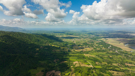 Aerial drone of agricultural landscape and mountains in the Philippines.の写真素材