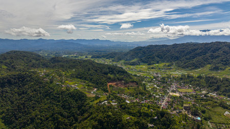 Mountains with rainforest and farmland in a mountainous province. Sumatra. Indonesia.の写真素材
