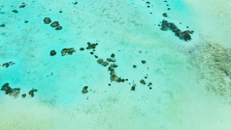 Top view of sea water surface in lagoon with coral reef. Balabac, Palawan. Philippines.の写真素材
