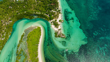 Top view of blue lagoon with islands in turquoise water. Tropical landscape. Balidbid Lagoon, Bantayan island, Philippines.の写真素材