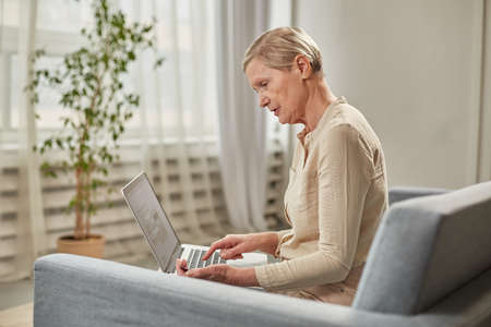 An elderly woman pays for a product or service by means of a credit card on a laptop