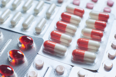 Many multicolored pills and tablets. Close up. Isolatedの写真素材
