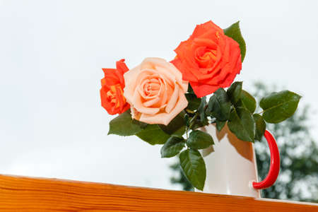 Fresh tender pink and red garden roses stand on wooden porch in glass against the sky in soft-focus in the backgroundの写真素材