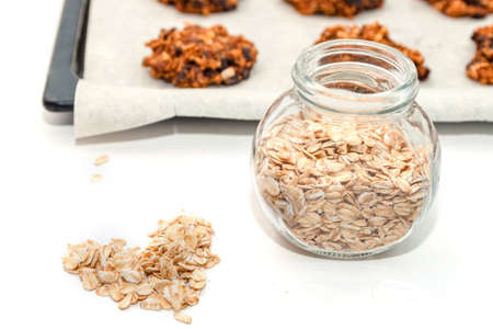 Homemade oatmeal cookies and oat flakes. Proper nutrition concept