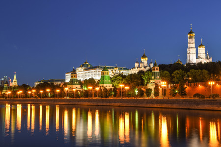 Moscow Kremlin and Moscow River Illuminated in the Evening, Russiaの写真素材