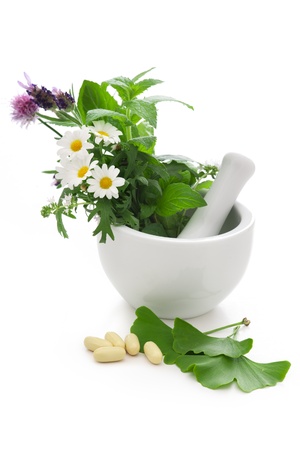 Healing herbs in mortar  Alternative medicine conceptの写真素材