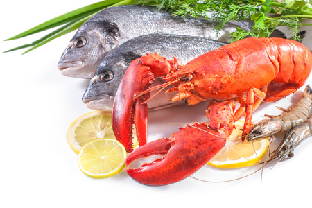 red lobster and sea bream fish with lemon and vegetables on white の写真素材