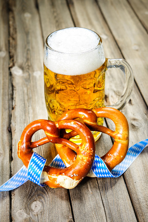 Bavarian Beer and Pretzels with ribbon, Oktoberfestの写真素材