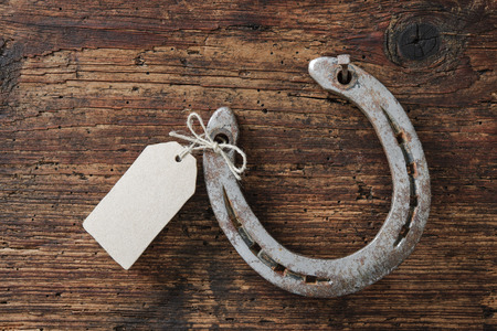 Horseshoe with an empty tag on wooden boardの写真素材
