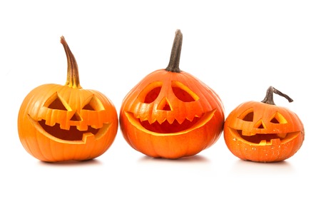 Halloween pumpkin head jack lantern isolated on white backgroundの写真素材