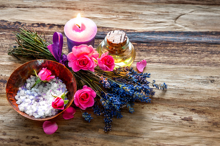 Spa still life with candles and flowersの写真素材