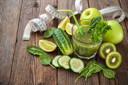 Green smoothie with apples, parsley, spinach, cucumber and lime. Diet conceptの写真素材
