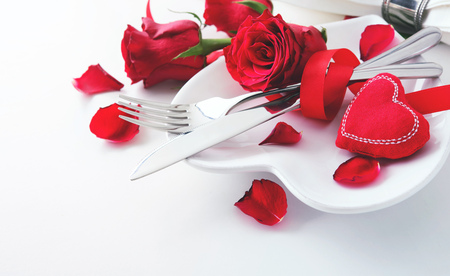 Romantic table setting on white table. Valentine's day card templateの写真素材