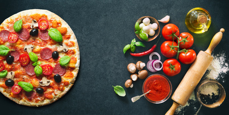 Delicious pizza with ingredients and spices. Top view with copy space on wooden tableの写真素材