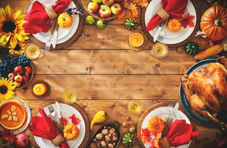 Thanksgiving celebration traditional dinner setting meal concept with copy spaceの写真素材