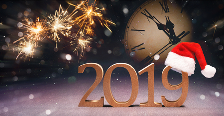 Happy New Year 2019 with Santa hat and fireworks