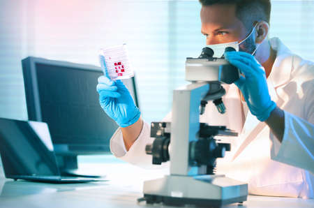 Science technician looking at a microtiter plate while working in the laboratory