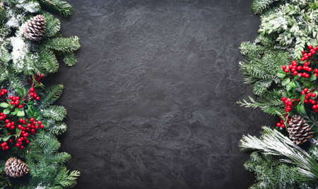 Christmas and New Year background with fir branches, holly and snowfall on dark stony board