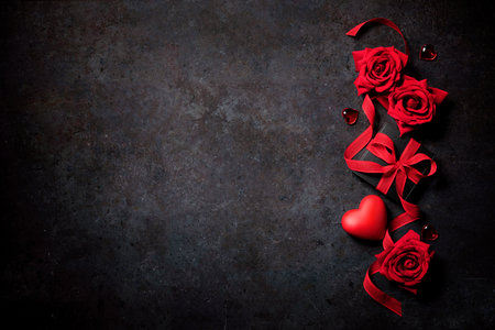 Valentines day red roses and gift box arranged on a dark concret surfaceの写真素材