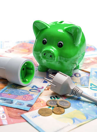 Energy cost, saving energy concept. Piggy bank with socket and plug and moneyの写真素材