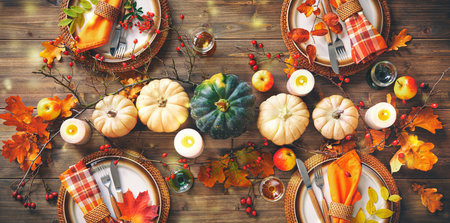 Autumnal decorated table for celebrating Thanksgiving or other family celebration. Festive table setting with plates, glassware, pumpkins, rose hip branches and leaves on wooden table background, top viewの写真素材