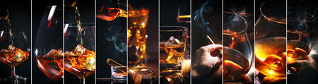 Collage with glasses whiskey or other alcohol, cubes ice, smoking cigar on dark background