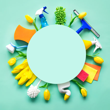 Flat lay composition with cleaning supplies, tools and spring flowers on colorful background. Top view with copy spaceの写真素材