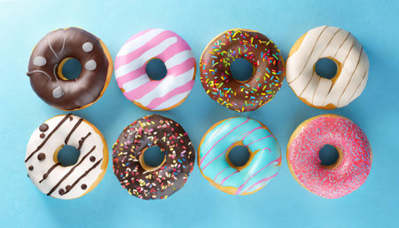 Various colourful donuts on blue backgroundの素材