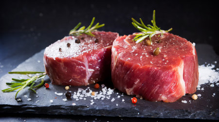 Two fresh raw beef steak mignon with salt, peppercorns and rosemary on dark backgroundの素材