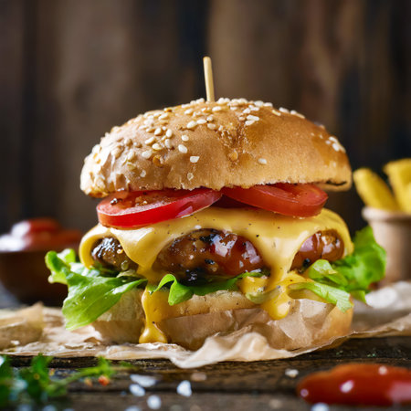 Close-up of a delicious cheeseburger with lettuce, tomato, onion, mustard, ketchup, and melted american cheese, fast food advertisement menuの素材
