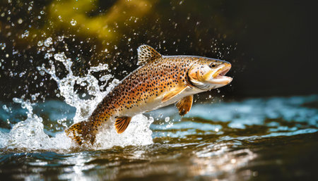 Brown trout is jumping out of water with water splashの素材