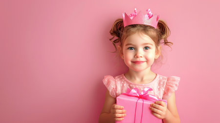 Funny child girl wearing a paper crown a pink dress with birthday present on flat color background. Birthday celebration conceptの素材
