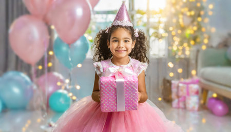 Funny child girl wearing a pink dress with birthday present in front of indoors background with lights and balloonsの素材