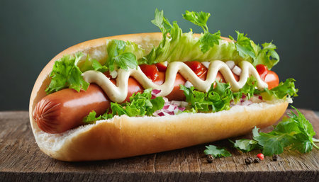 Fresh hotdog or sausage sandwich with ingredients and spices, ready to serve and eat, fast food commercial advertisement menuの素材