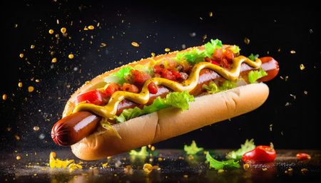 Fresh hotdog or sausage sandwich with flying ingredients and spices in mid-air, hot, ready to serve and eat, fast food commercial advertisement menu, banner with copy spaceの素材