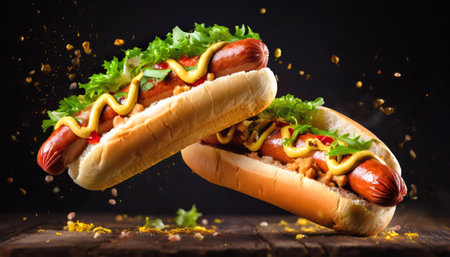 Fresh hotdogs or sausage sandwiches with flying ingredients and spices in mid-air, hot, ready to serve and eat, fast food commercial advertisement menuの素材