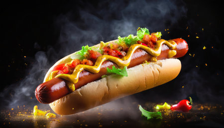 Fresh hotdog or sausage sandwich with flying ingredients and spices in mid-air, hot, ready to serve and eat, fast food commercial advertisement menu, banner with copy spaceの素材