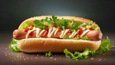 Fresh hotdog or sausage sandwich with ingredients and spices, ready to serve and eat, fast food commercial advertisement menuの素材