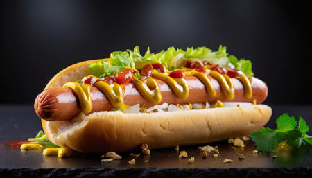 Fresh hotdog or sausage sandwich with ingredients and spices, ready to serve and eat, fast food commercial advertisement menuの素材