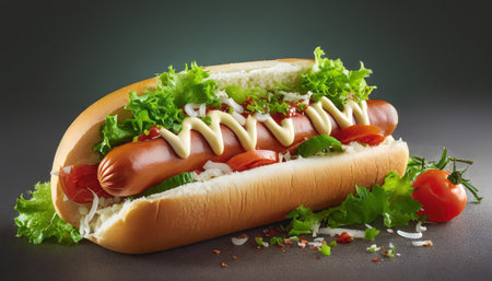 Fresh hotdog or sausage sandwich with ingredients and spices, ready to serve and eat, fast food commercial advertisement menuの素材