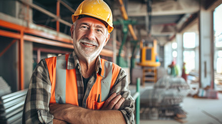 Portrait of a senior construction worker, arms crossed, looking at camera against a construction backgroundの素材
