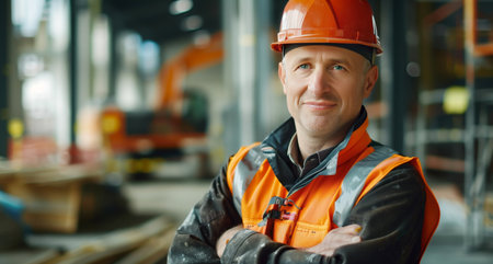 Portrait of a senior construction worker, arms crossed, looking at camera against a construction backgroundの素材